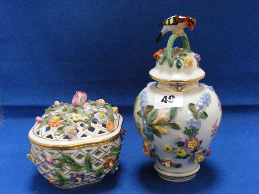 Two Dresden items comprising a jar and cover of inverted baluster form overlaid with floral