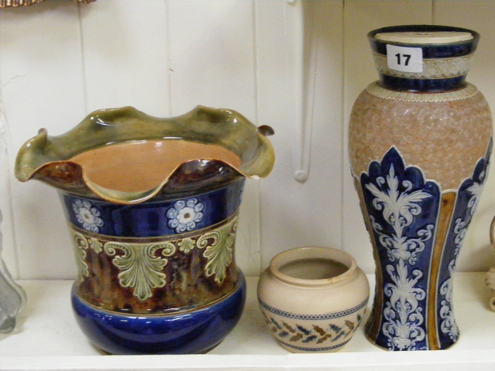 Three Royal Doulton items comprising a vase of inverted baluster form, one of ovoid form and another
