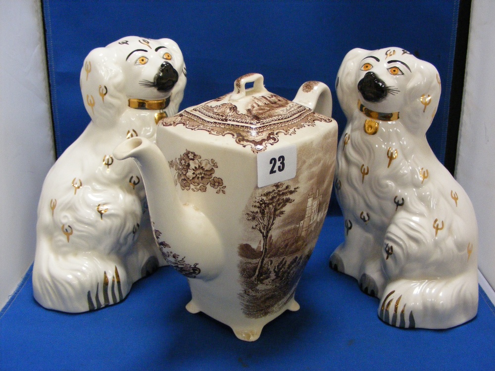 A pair of Beswick Staffordshire style dogs in white and gold, together with a Johnson Brothers