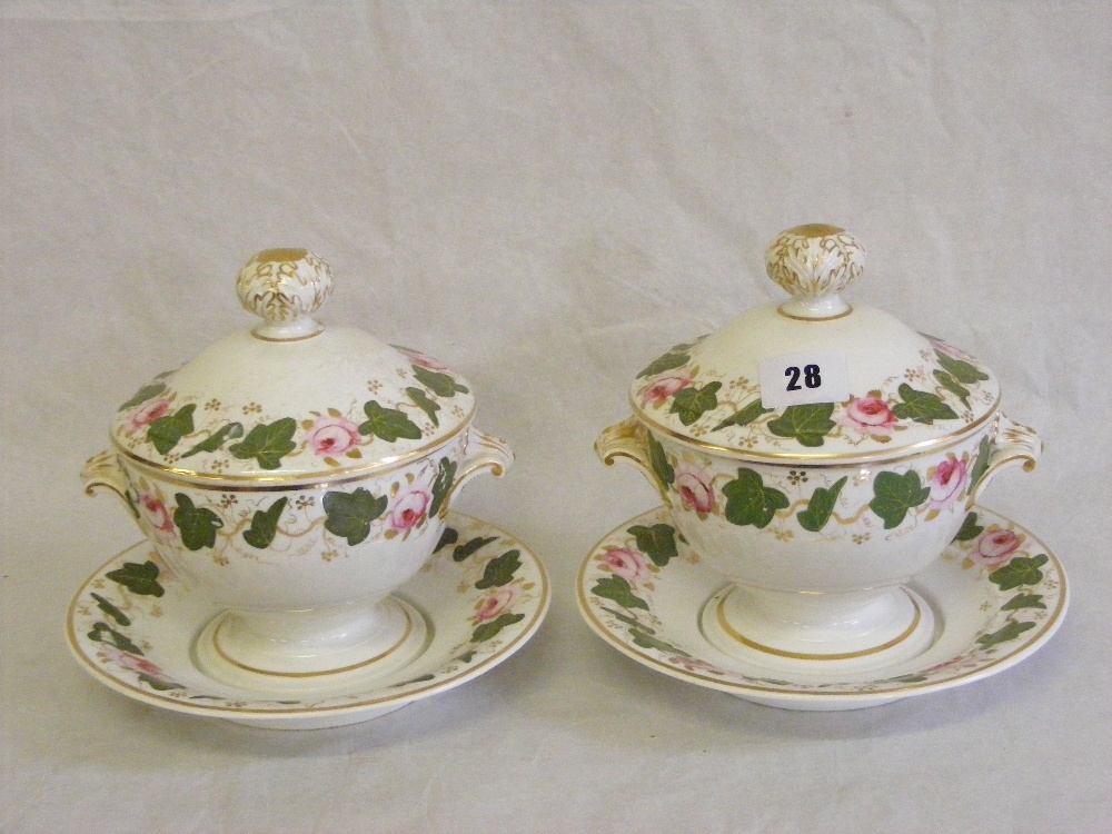 A pair of Bloor Derby tureens, covers and vases with hand painted and gilt work floral decoration on