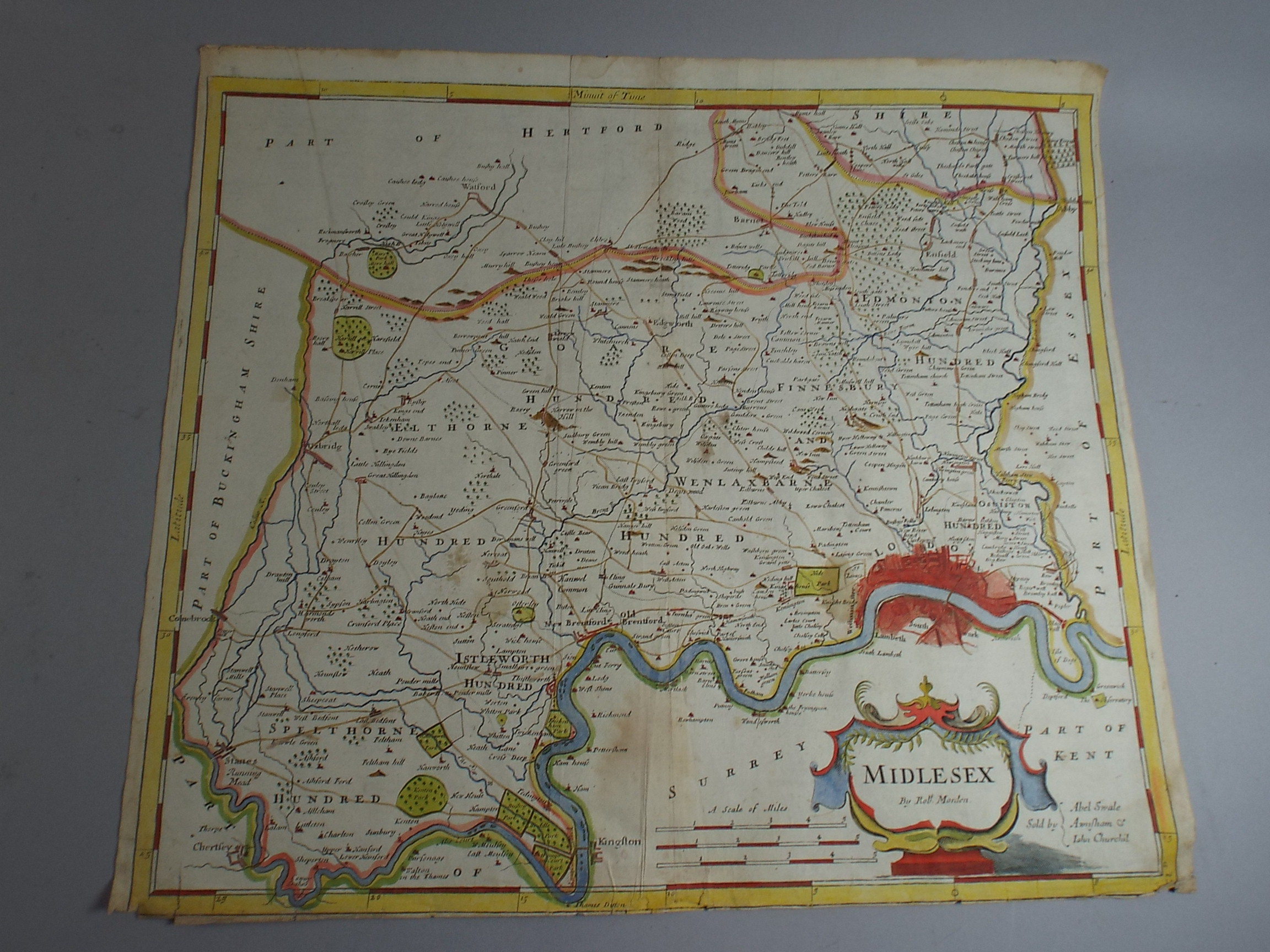 A Collection of Six Unframed, Unmounted Maps by Robert Morden. Nottinghamshire, Middlesex. Both Hand - Image 3 of 7