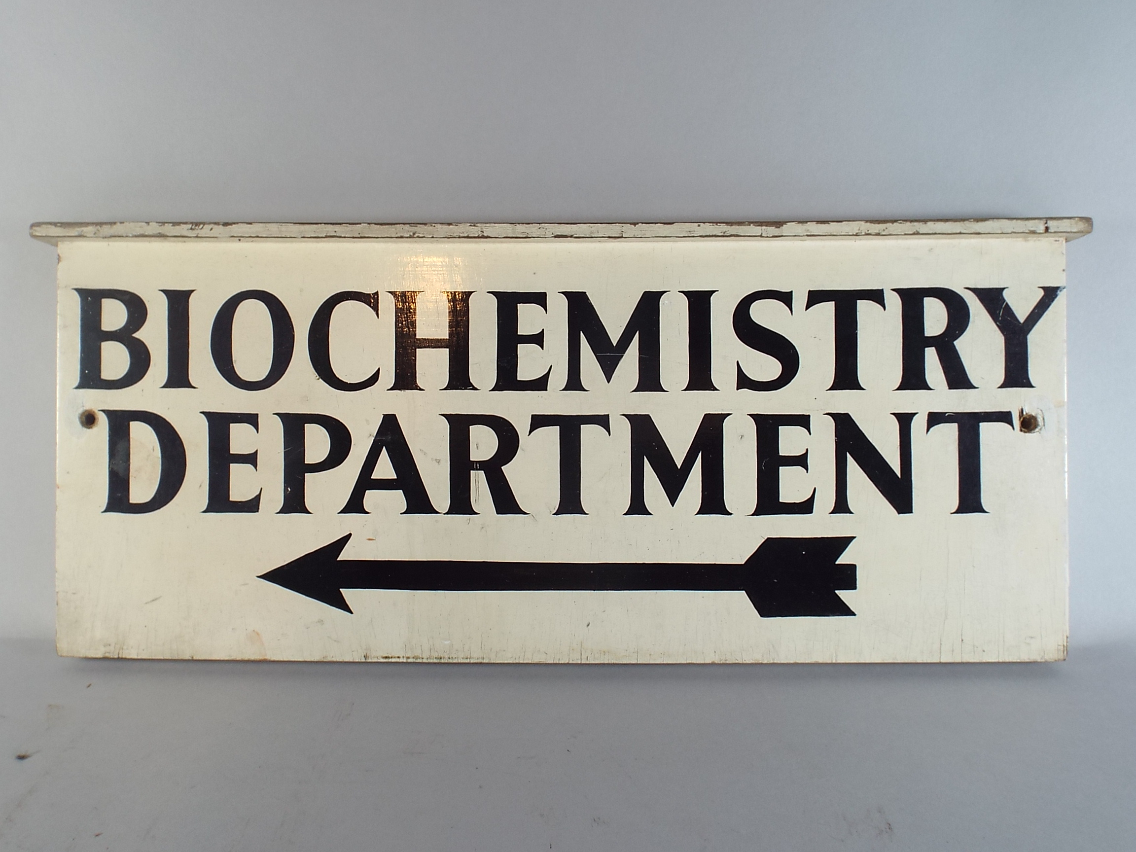 An Early 20th Century Hand Painted Wooden Hospital Sign, 'Biochemistry Department' 55x23cm