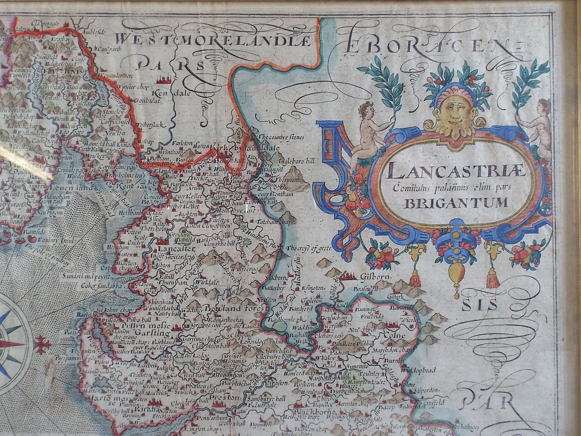 A Framed Hand Coloured Map of Lancashire By Christopher Saxton, Engraved By Guliel Hole. 30.5x29. - Image 2 of 3