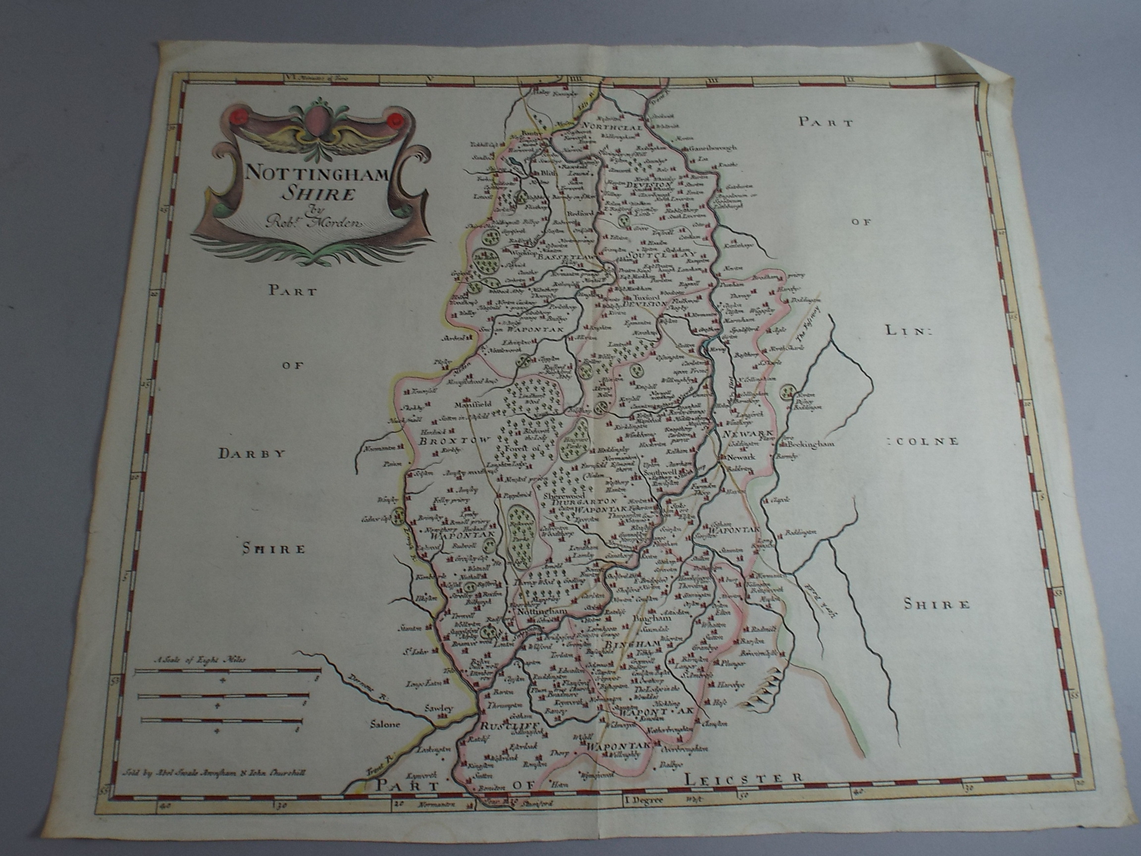 A Collection of Six Unframed, Unmounted Maps by Robert Morden. Nottinghamshire, Middlesex. Both Hand - Image 4 of 7