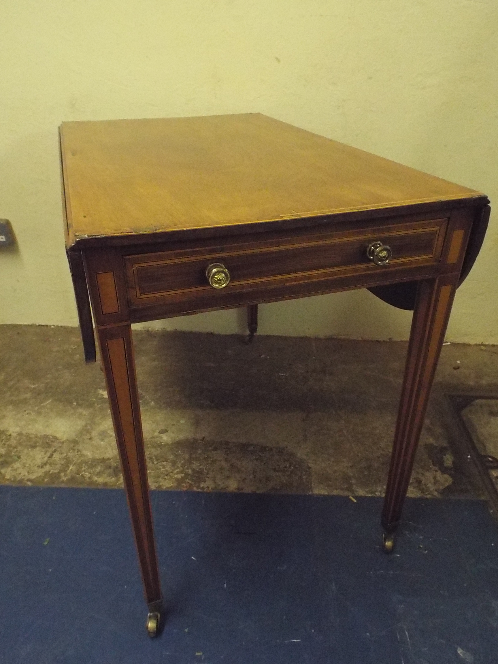 A 19th Century String Inlaid Drop Leaf Table with Single Drawer Matched by Dummy. On Square Tapering