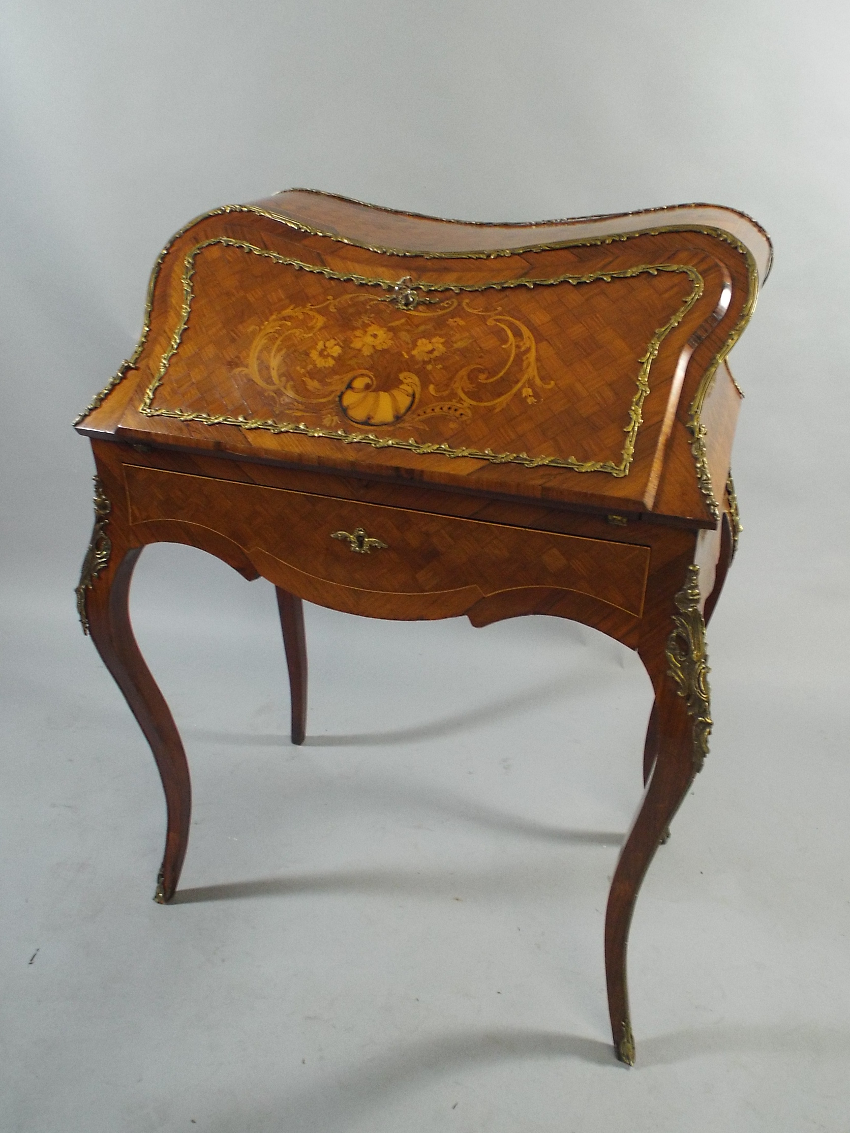 A Pretty French Inlaid Kingwood Ladies Bureau Having Shaped Fall Front To Rosewood Fitted Interior