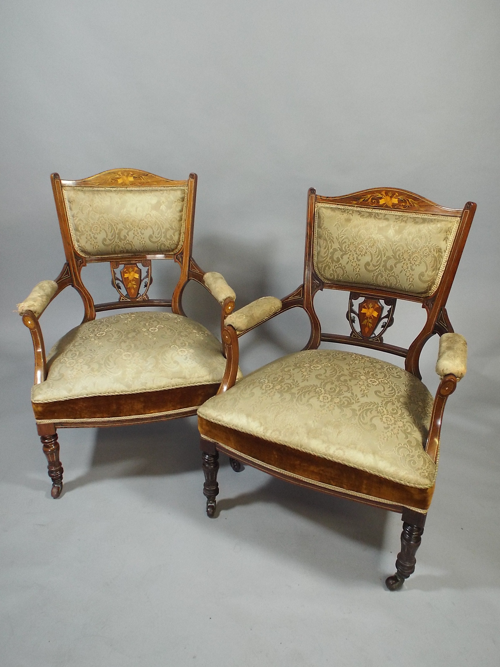 A Pair of Late Victorian Inlaid Rosewood Salon Chairs Decorated with Musical Motif.