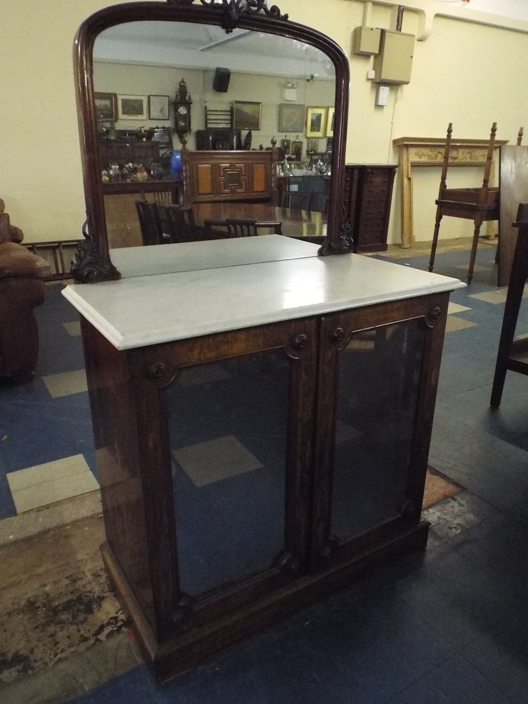 A 19th Century Rosewood Chiffonier Cabinet with Marble Top and Mirrored Panelled Doors. 94x46x90cm