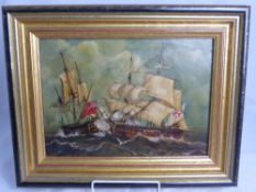 An oil on canvas depicting a naval battle scene 34 x 24.5 cms, framed.