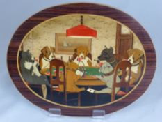 An oval wooden plaque "" An Ace in the Hole "" depicting dogs playing cards, est. 30 x 26 cms.