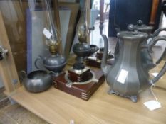 Miscellaneous Pewter, including coffee pot, sugar bowl, oil lamp, ashtray and lighter.