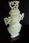 Chinese 20th Century Pale Celadon Jade Vase on carved stand, the flattened vase having two phoenix