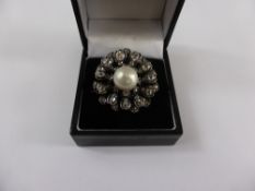 A Stunning 9 ct Gold and Silver Natural Salt Water Pearl and Diamond Floral Brooch, pearl 10 mm,