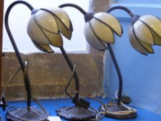 Three Cream 1920`s Style Water Lily Desk Lamps, Retailer Christopher Wray London.