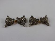 A Pair of 18 ct Yellow Gold and Silver, Diamond and Ruby Vintage Fox Head Cuff Links, 26 rose cut