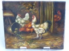 An Original Oil on Canvas, depicting Chickens Feeding, approx 25 x 20 cms, artist unknown.