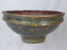 A 19th Century Paper Mache Afghan Bread Bowl, hand painted with flowers and herringbone design,