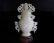 Chinese 20th Century Pale Celadon Jade Vase and Cover, the vase with white inclusions and featuring