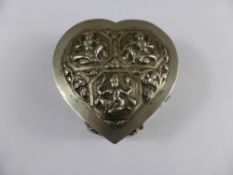 Antique Heart Shaped Trinket Box, having repousse figures to the top, approx 8 x 4.5 cms together