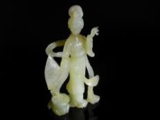 Chinese 20th Century Pale Celadon Jade Figure of Guanyin, the fine figure having ornately carved