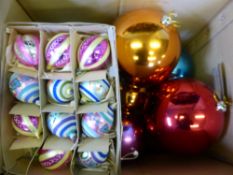 Box of Vintage Christmas Baubles, together with a quantity of large commercial Christmas baubles.