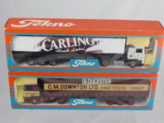 Two Tekno models of articulated lorries, one being C M Downton, Gloucester, the other Carling Black