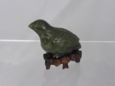 An Antique Spinach Jade Quail Form Lidded Dish, with fitted stand, approx 11 x 9 cms