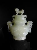 Chinese 20th Century Pale Jade Celadon Vase, the bulbous shaped vase with white and dark green