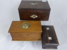 A walnut box containing assorted items incl. necklaces, corkscrew, penknives etc. together with