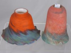 Two Hand Blown Coloured Glass Lamp Shades, together with one light fitting, retailer Christopher