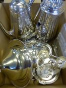 A collection of assorted silver plate including twin egg cup holder and stand, two coffee pots,