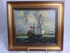 A picture on canvas depicting a French galleon 29 x 24 cms, framed.