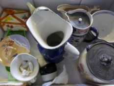 A  box of assorted porcelain items including two blue and white dishes, biscuit barrel, milk jug,