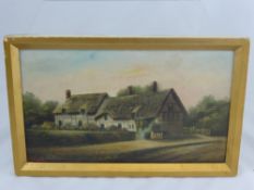 H Church - an oil on board depicting a thatched cottage, framed, est. 30 x 18 cms.