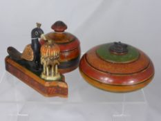 Two Afghan Spice Jars, together with an ink box depicting a peacock and pavilion.