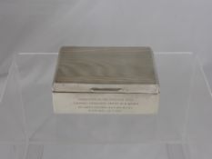 Solid Silver Cigarette Box, London hallmark, inscribed `Presented to the Officers Mess Central