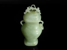 Chinese 20th Century Celadon Jade Vase and Cover, the vase of simple baluster form having twin