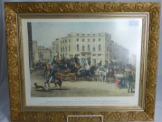 A coloured engraving depicting The Brighton Coach at the Bull and Mouth, Regent Circus, Piccadilly,