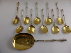 Antique French Solid Silver and Gilt Spoons, the nine teaspoons with decorative floral etching to