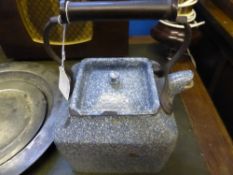 A Heavy Enamel Square Bottom Kettle together with two 18th century pewter plates EEM London marks