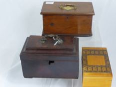 Four assorted wooden boxes, one being Georgian style rosewood, one being oak with carved decoration