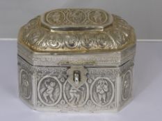 Solid Silver Indian Tea Caddy, the hand crafted caddy of sarcophagus shape, having oval cartouche