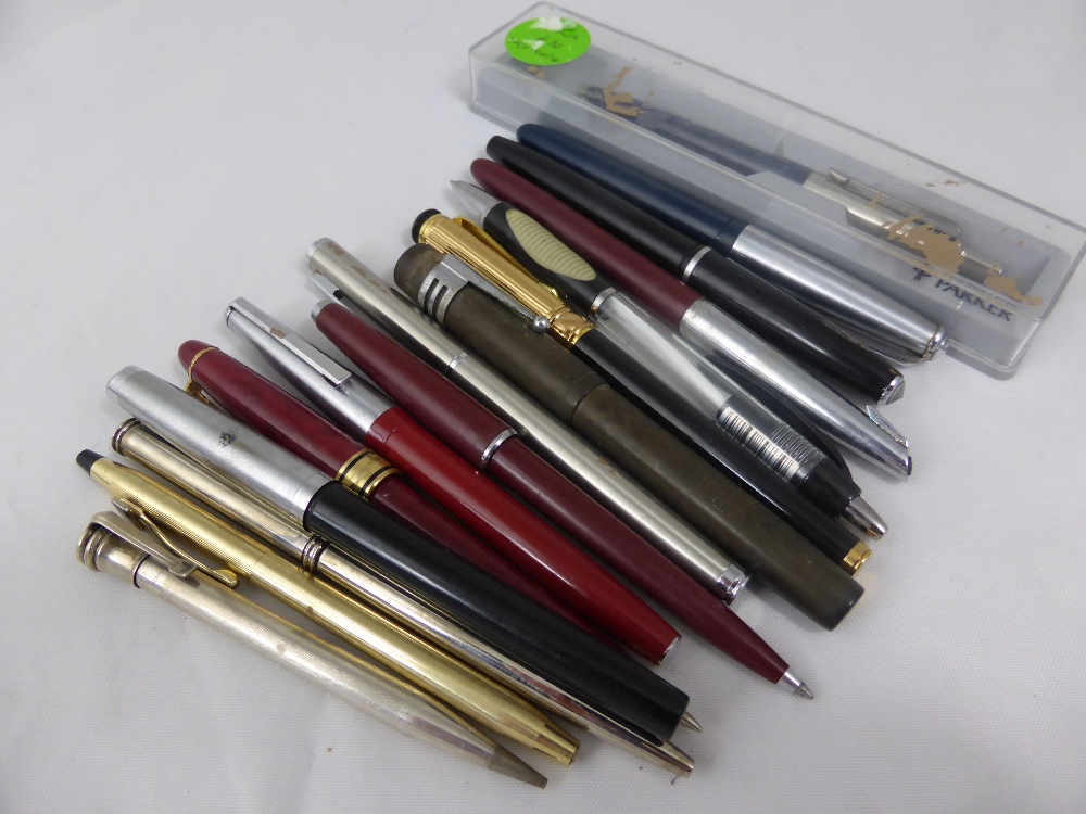 Sixteen assorted pens and pencils incl. Parker, Waterman etc. some with 14 ct. gold nibs.