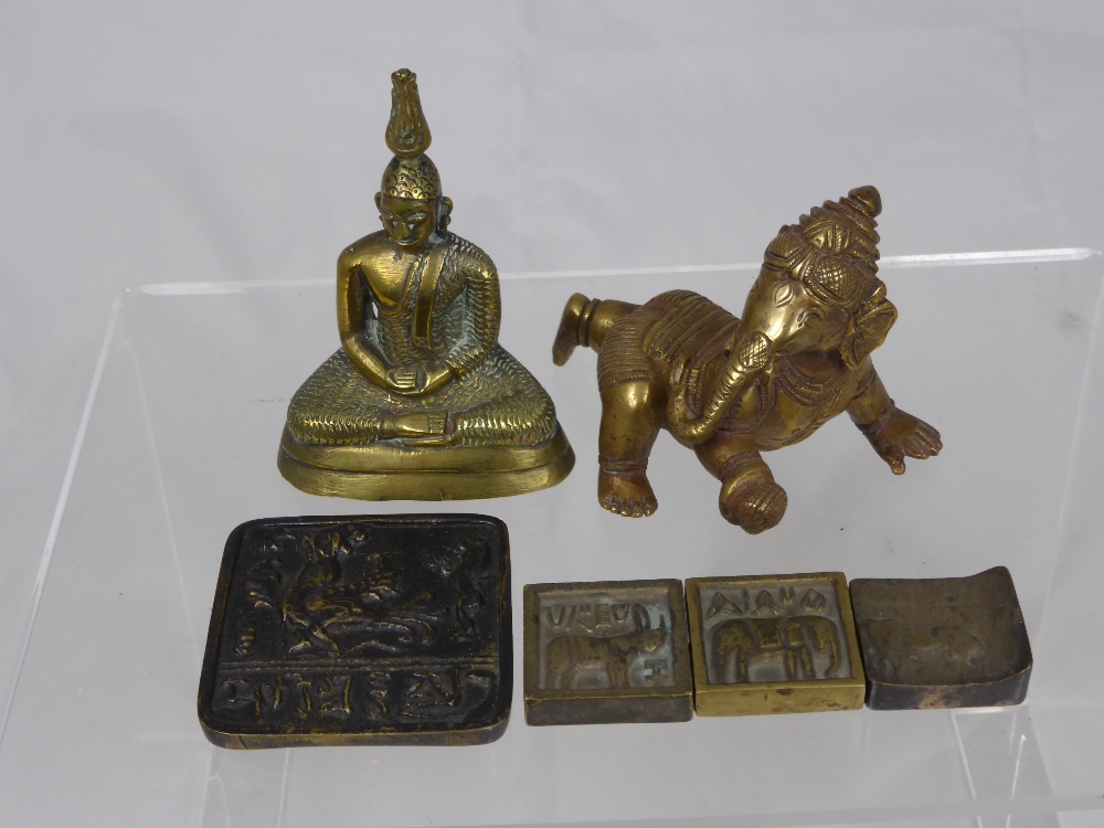 A collection of misc. Indian brass figures, including a seated buddha (11 cms.), an elephant (8 x