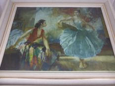 A Russell Flint print depicting a Spanish dance instructor with her pupil, signed to the right hand