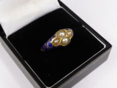 A Lady`s Antique 18 ct Yellow Gold, Pearl and Enamel Ring, size N, 2 x 4 x 3.8 mm and 2 x 3.5 x 2.8