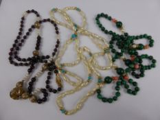 A Collection of Miscellaneous Pearl and semi-precious stone necklaces, including malachite, pearl