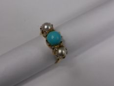 A Ladies 14 ct Turquoise and Pearl Ring, size R, est wt 5.8 gms.