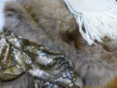 A Lady`s Vintage Silver Fox Stole, together with a sequinned collar and a wool shawl with silver