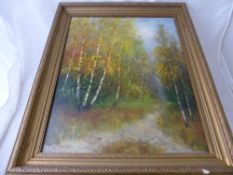 An oil on board depicting a Russian woodland scene, dated 1990, gilt framed, approx. 42 x 52 cms.